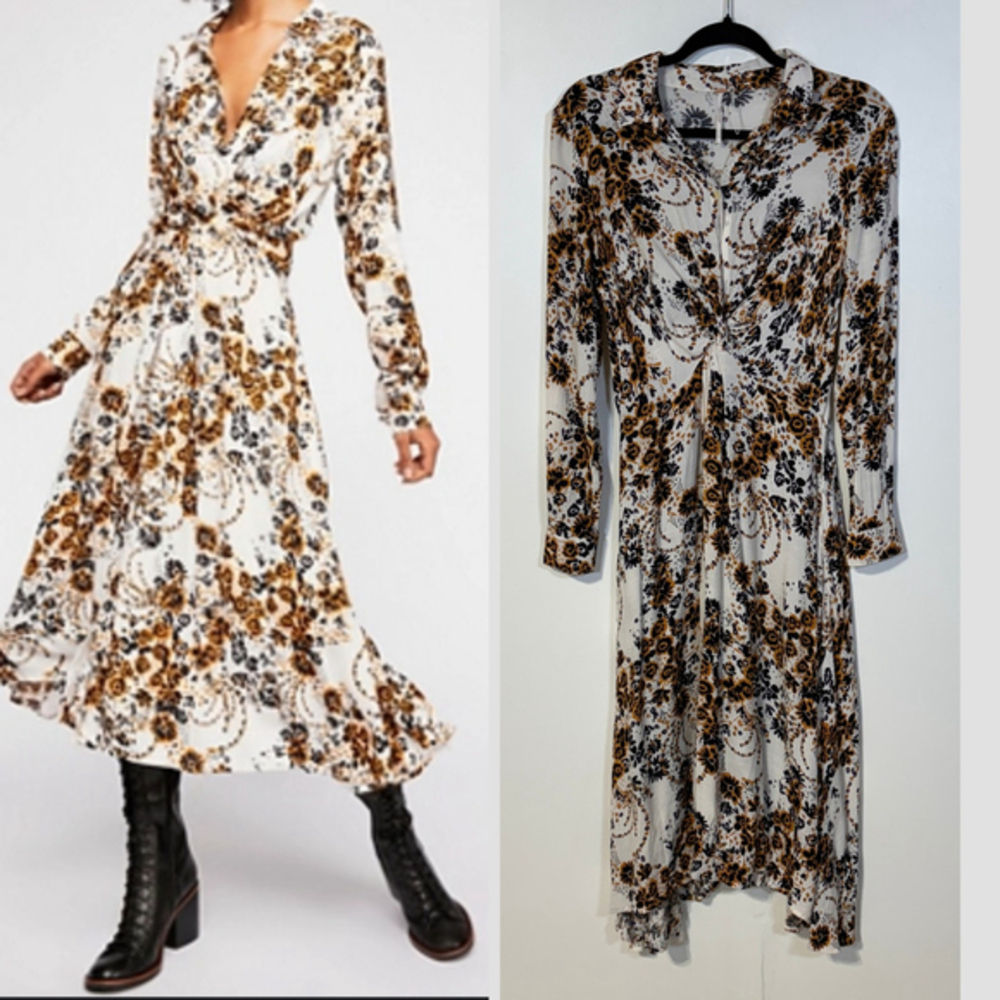 Free People Tough Love Dress Floral Print Midi Women’s Size 2 White Blue Buttons